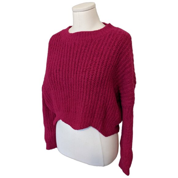 Womens Magenta Chunky Knit Cropped Sweater Jumper Pullover Zig Zag Hem Boxy Sz S - Picture 2 of 7